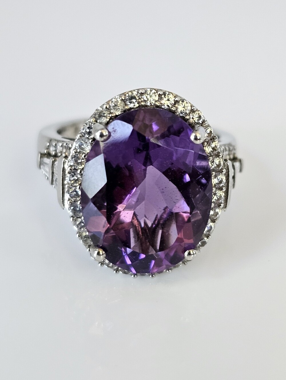 Genuine Morroccan Amethyst & White Zircon Sterling Silver Platinum Size 7!